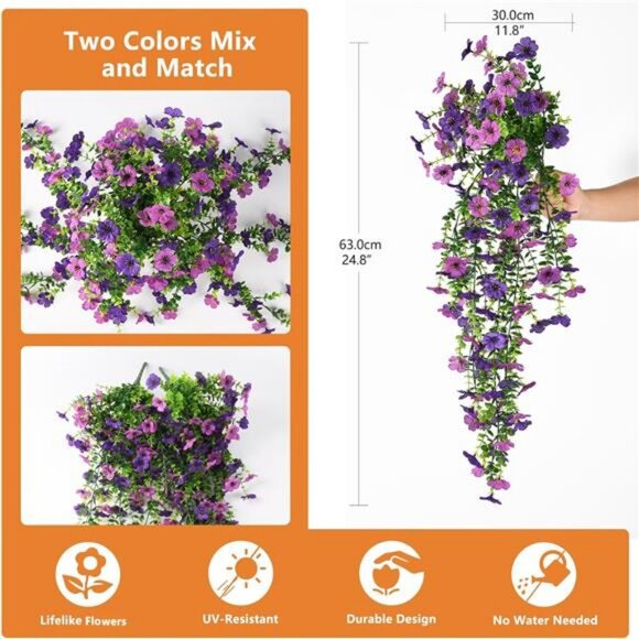 Artificial Hanging Flowers for Outdoors, 2 Pcs Fake Hanging Plant Spring Summer - Picture 2 of 7